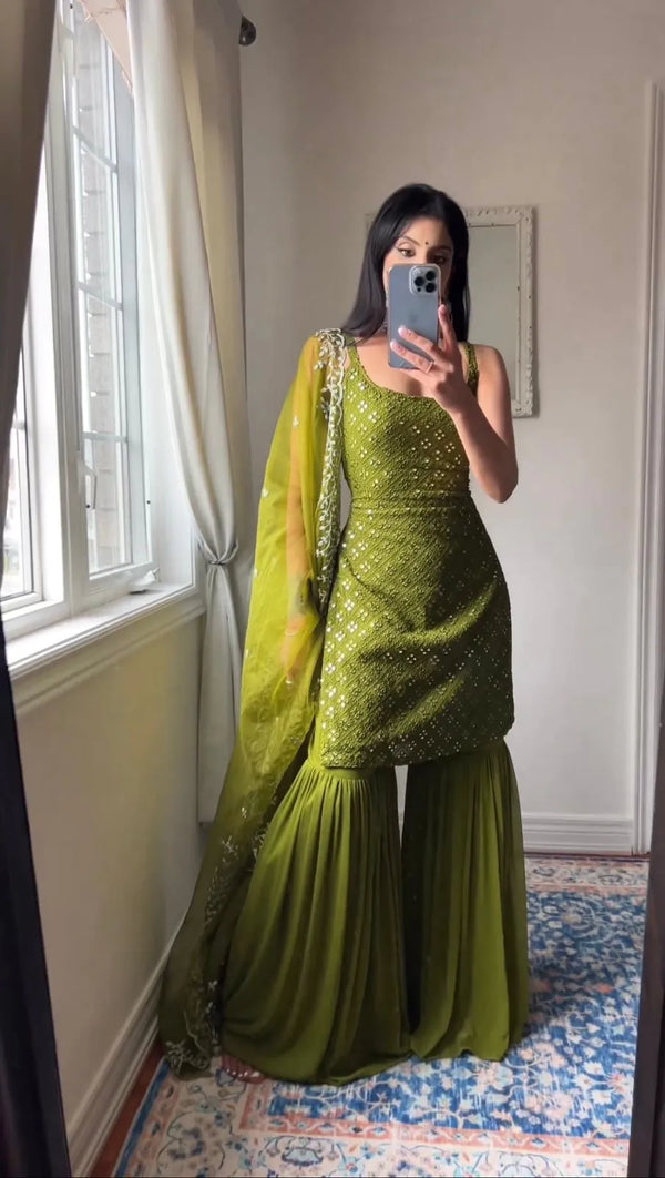 Olive Luxe Mirror Work Sharara Set