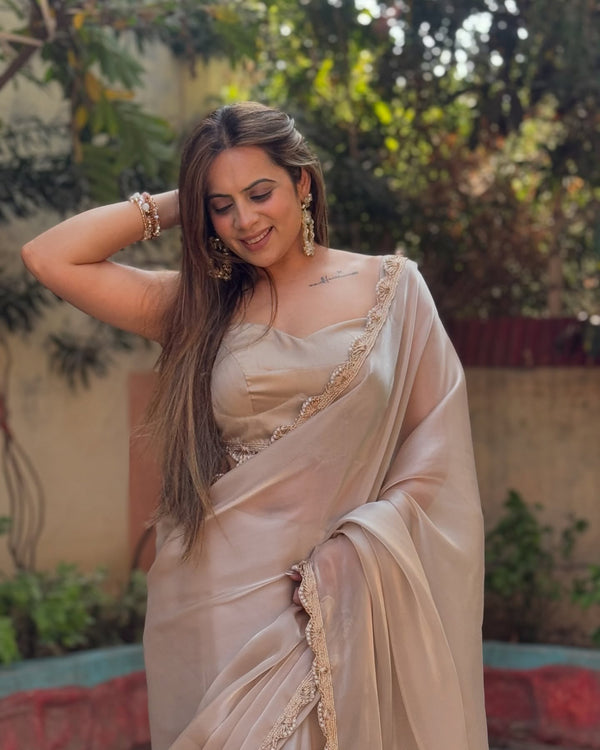 Champagne Elegance Satin Saree