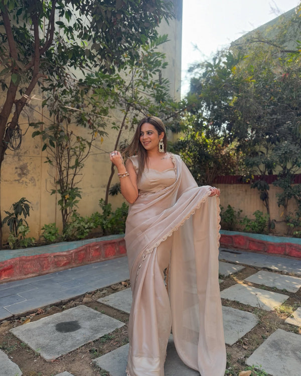 Champagne Elegance Satin Saree