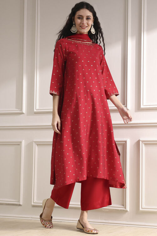 Women's Red Embroidered Kurta Set with Palazzo & Dupatta | Festive Ethnic Wear